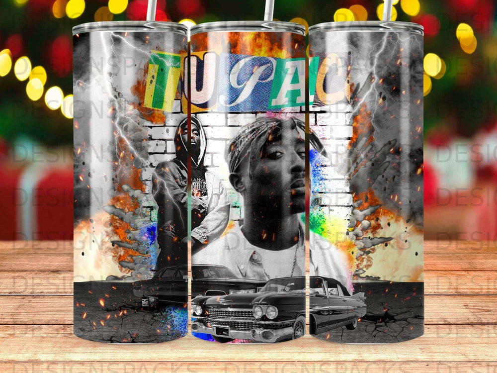 Tupac Shakur portrait with vintage cars and fiery background.