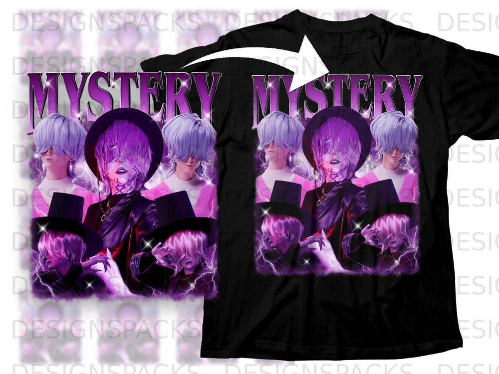Black t-shirt with "MYSTERY" text and anime figures with purple hair.