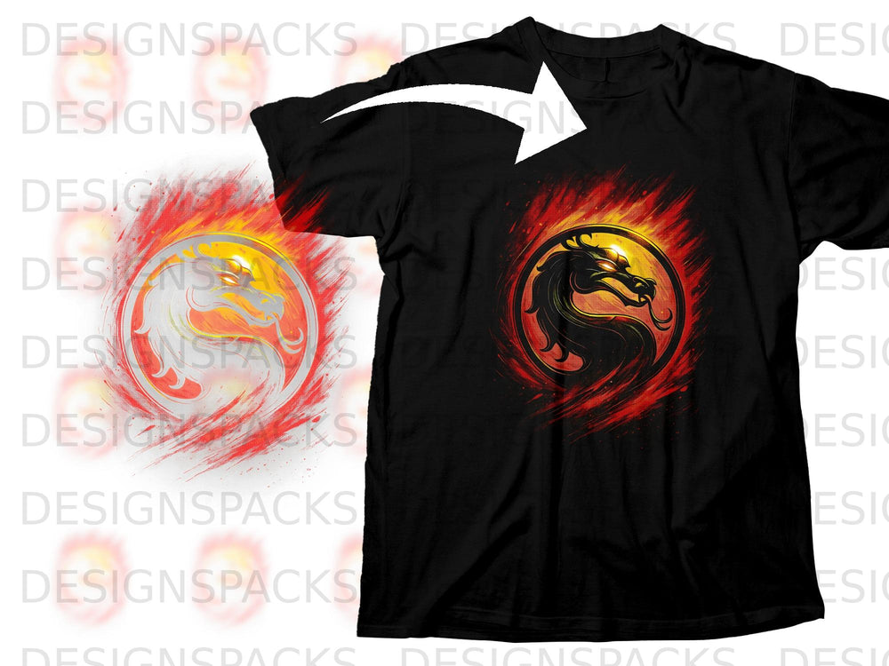 Black t-shirt with a fiery dragon logo design from Mortal Kombat.