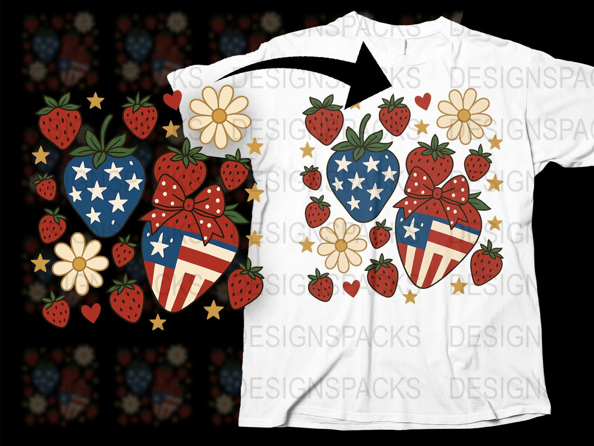 Patriotic Strawberry T-Shirt, American Flag Fruit Design, 4th of July Graphic Tee, Summer Festival Fashion Top