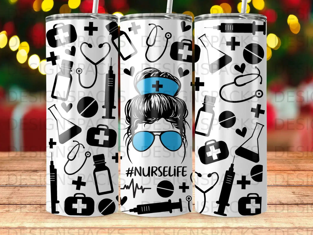 Tumbler with nurse-themed icons and "#NURSELIFE" text.