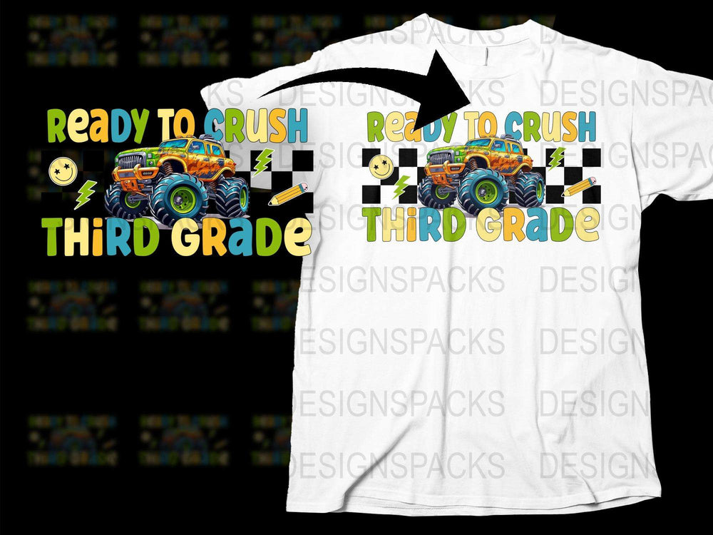 Kids Ready to Crush Third Grade T-Shirt, Colorful Monster Truck Graphic, Back to School Tee