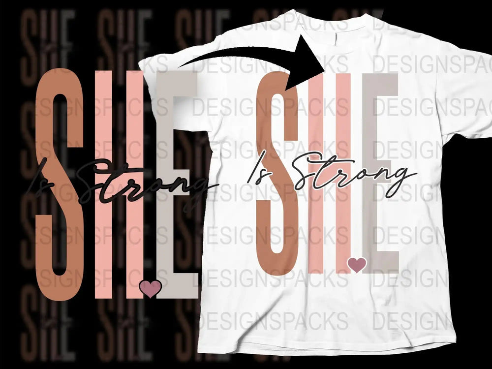 She Is Strong Inspirational Quote T-Shirt, Pink Striped Graphic Tee for Women, Empowerment Clothing