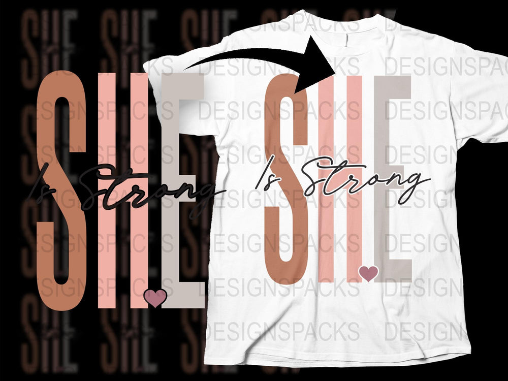 She Is Strong Inspirational Quote T-Shirt, Pink Striped Graphic Tee for Women, Empowerment Clothing