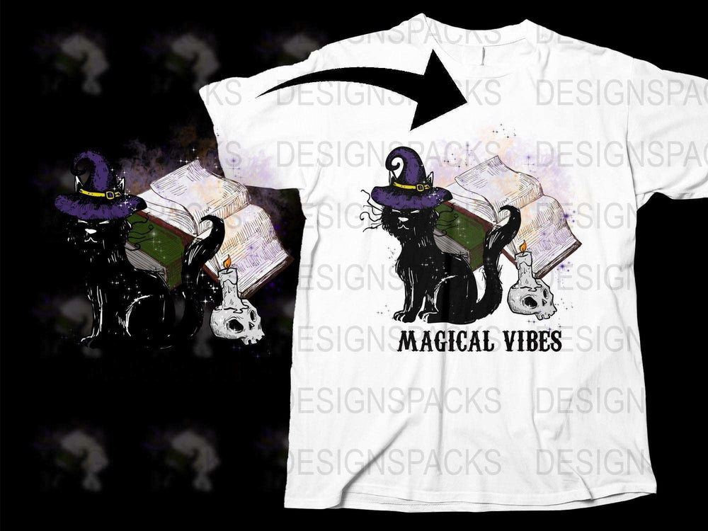 Magical Vibes Witch and Cat Halloween T-Shirt, Cute Fall Graphic Tee, Spooky Season Apparel, Witchcraft Design Shirt