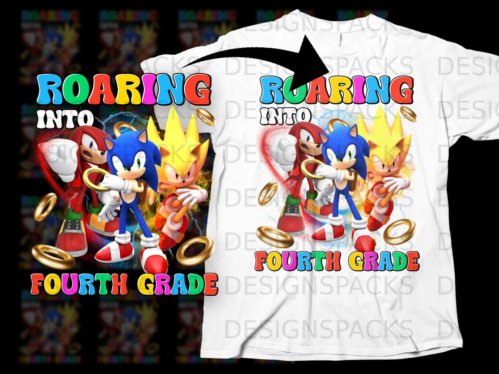 Sonic, Knuckles, and Super Sonic with text "Roaring Into Fourth Grade".