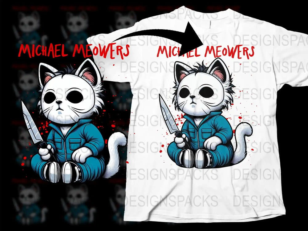 Michael Meowfers Cat Horror Movie Parody T-Shirt, Funny Horror Cat Graphic Tee, Unisex White Cotton Shirt