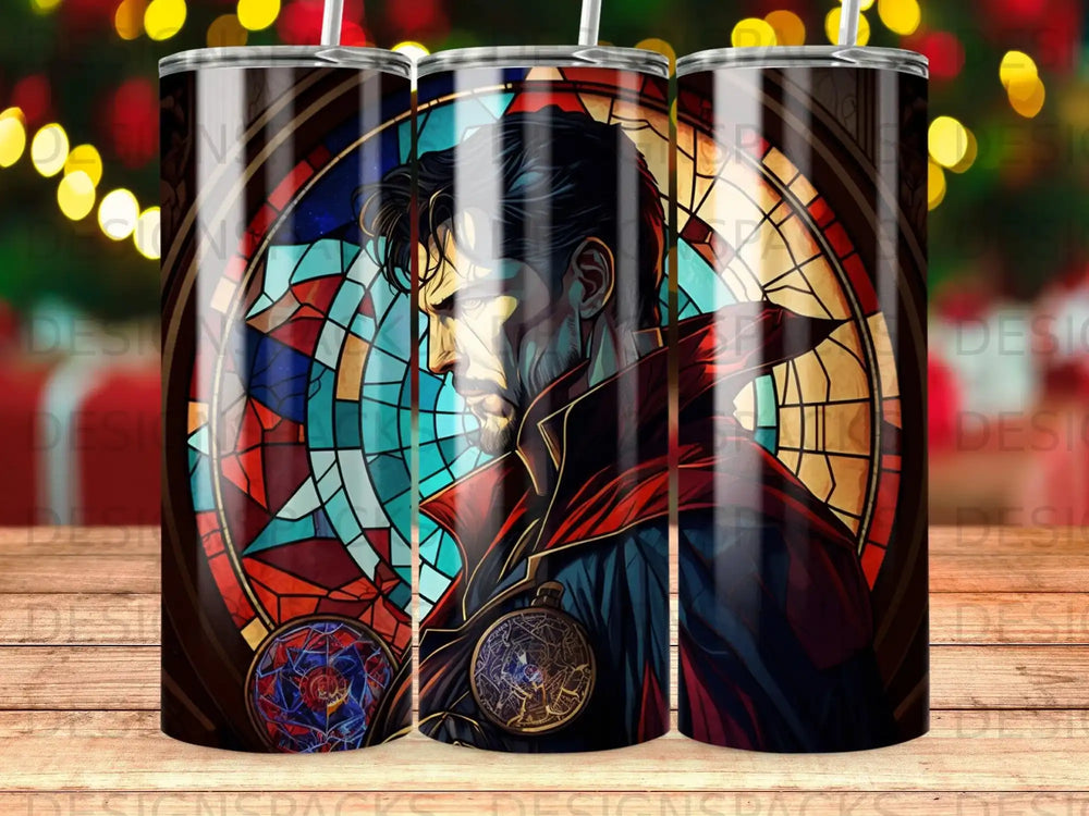 Doctor Strange in stained glass, profile view, with circular amulet detail.