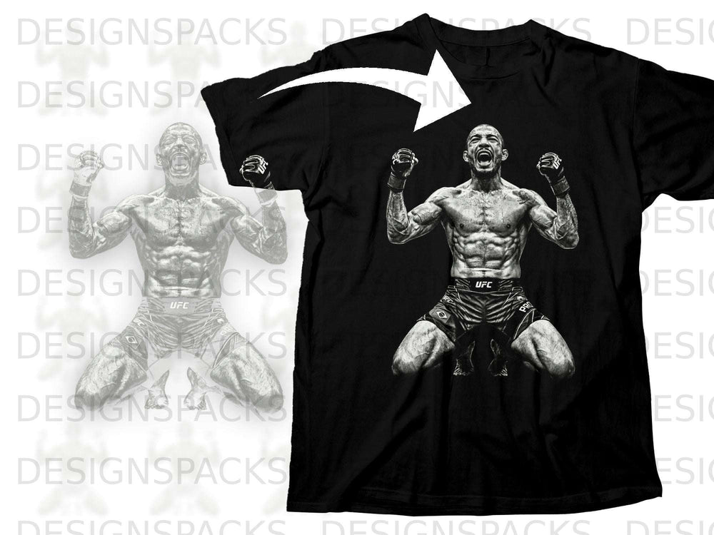 Black t-shirt featuring a monochrome illustration of a UFC fighter.