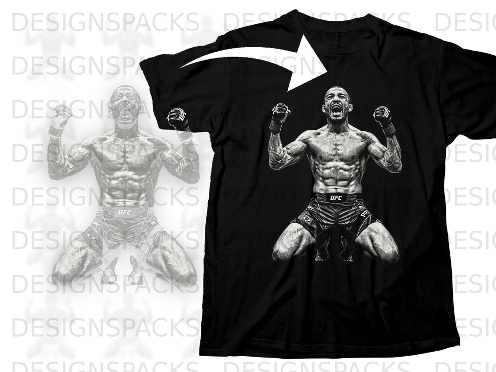 Black t-shirt featuring a monochrome illustration of a UFC fighter.