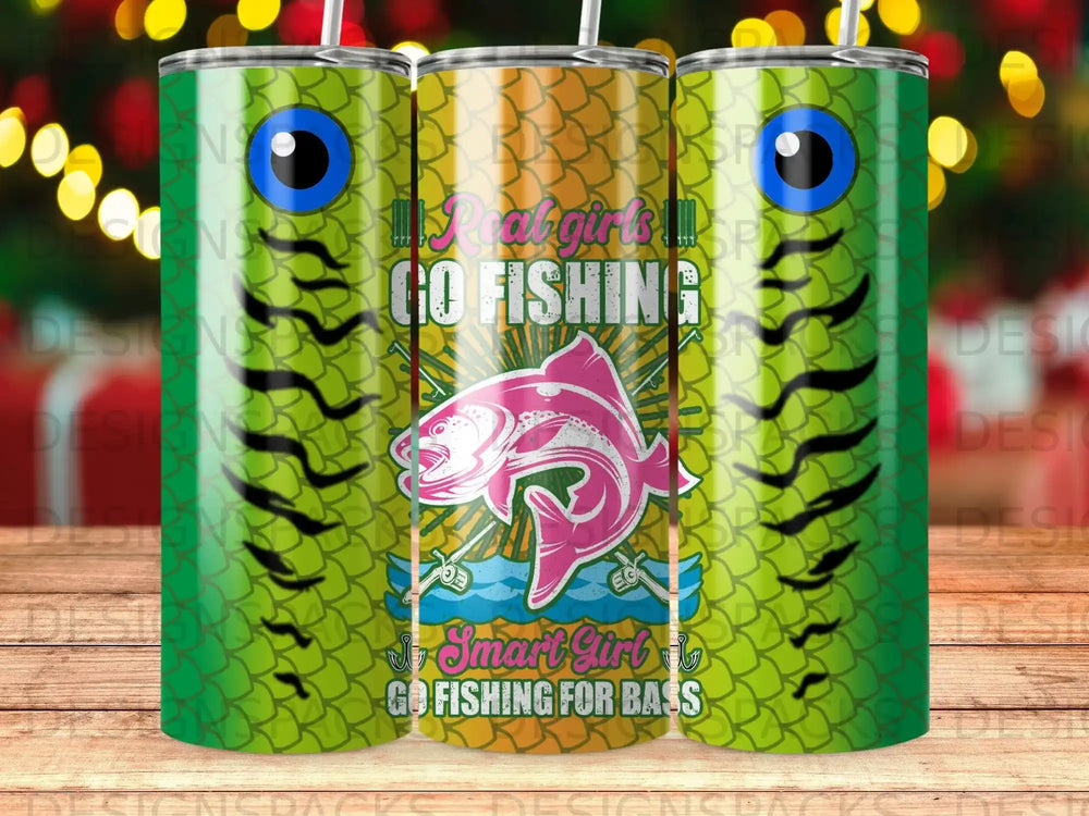"Go Fishing" and "Smart Girl Go Fishing" text on a tumbler with a fish and fishing rod design.