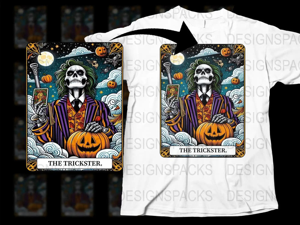 Gothic Tarot Card T-Shirt, The Trickster Skeleton Halloween Tee, Pumpkin and Moon Graphic Shirt