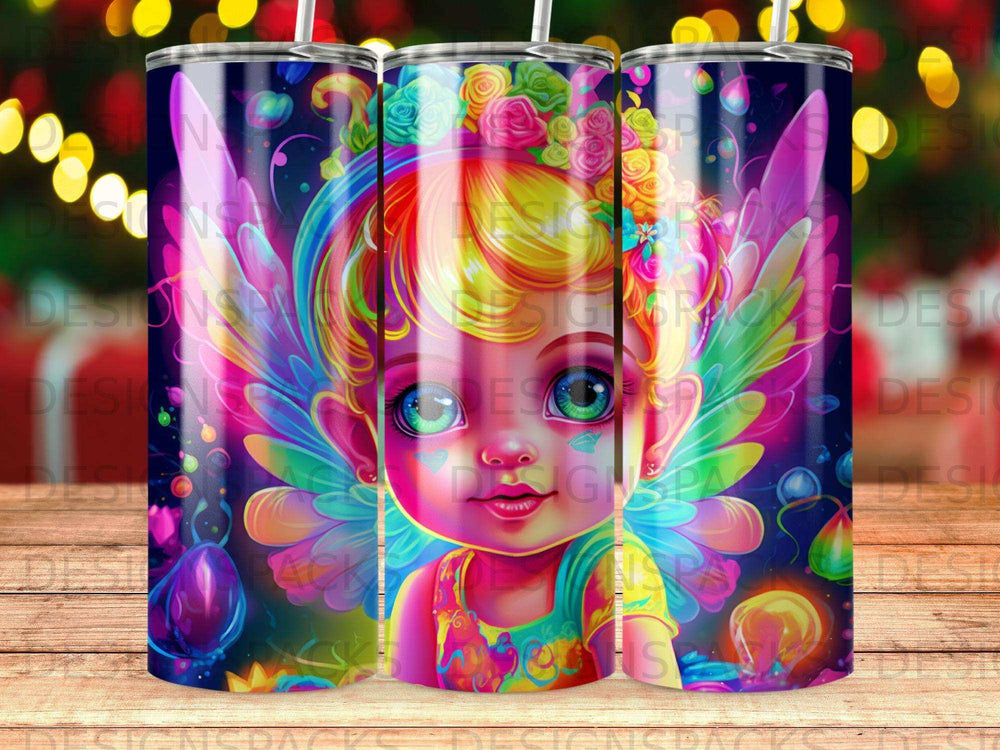 Fairy girl with rainbow wings and colorful details, close-up.