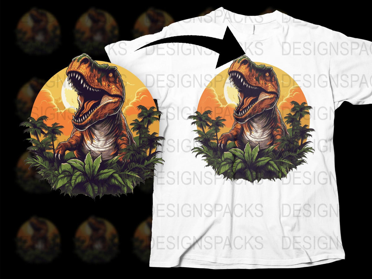 Colorful T-Rex Dinosaur Graphic T-Shirt, Tropical Jungle Background, Bold Kids and Adults Tee