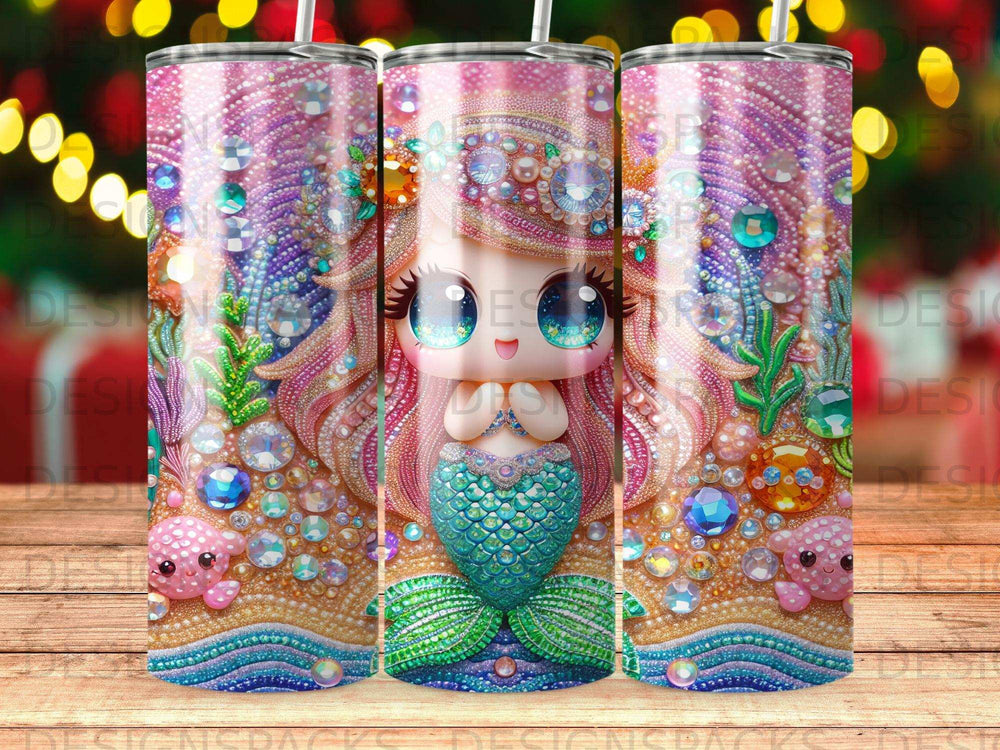 Mermaid with large eyes, pink hair, and teal tail on beach background.