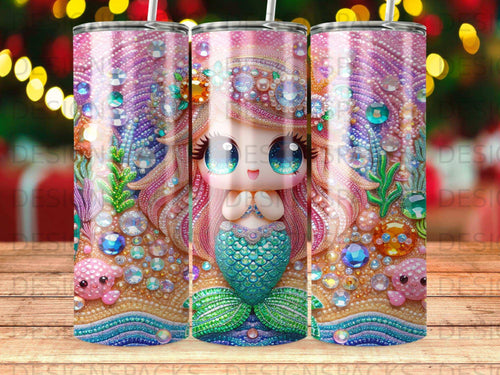 Mermaid with large eyes, pink hair, and teal tail on beach background.