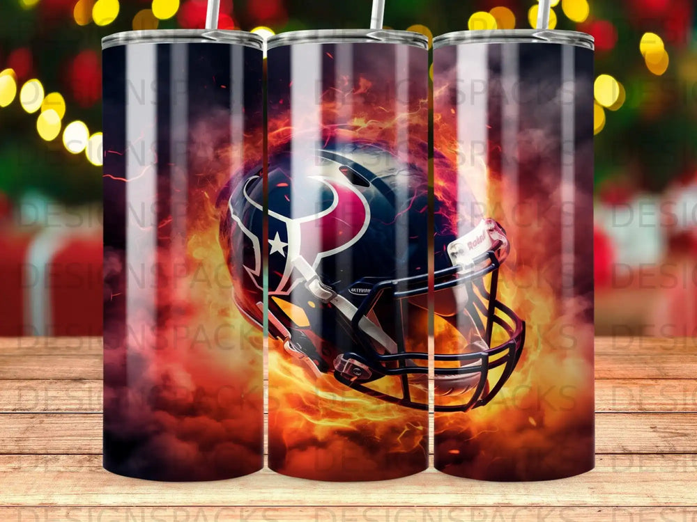 Houston Texans helmet surrounded by fire and smoke.