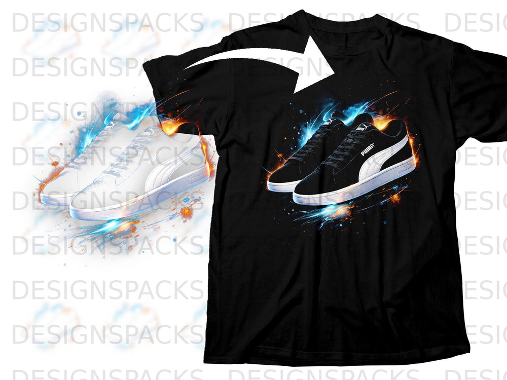 Black t-shirt with graphic of black Puma shoes and glowing streaks.