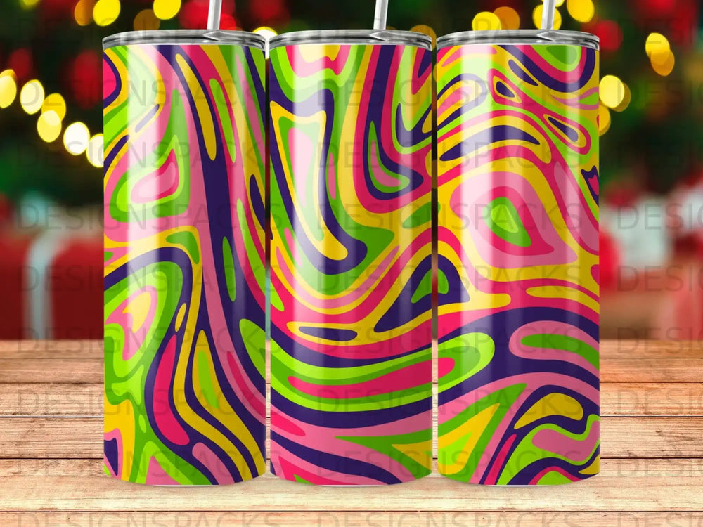 Three tumblers with a vibrant, psychedelic swirling pattern of pink, yellow, green, and purple.