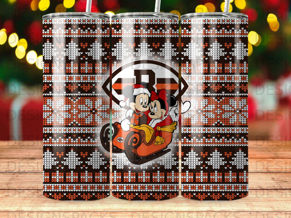 Mickey and Minnie Mouse on sleigh with Cleveland Browns logo, Christmas sweater pattern.