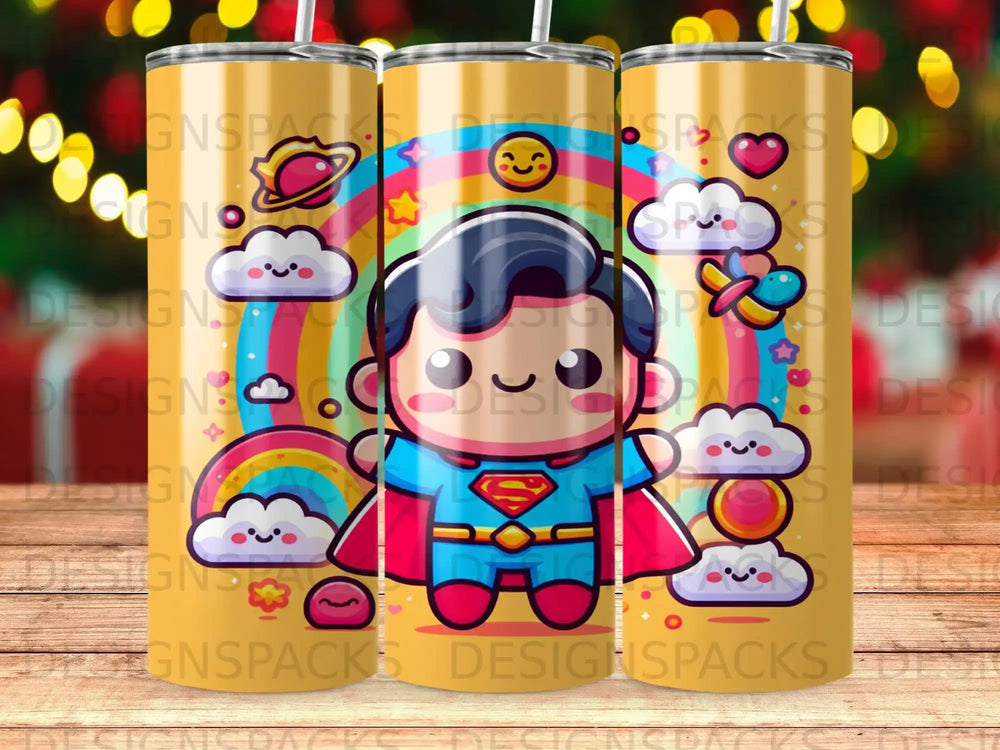 Cartoon Superman character with rainbow and clouds on yellow tumbler.
