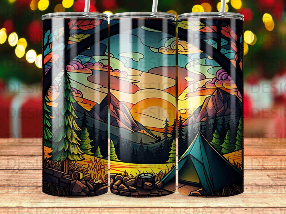 Stained glass mountain landscape with tent and campfire.