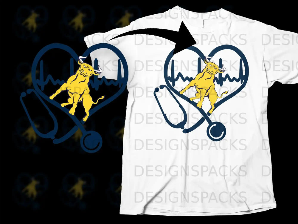 Yellow Bull Heartbeat with Stethoscope Graphic T-Shirt