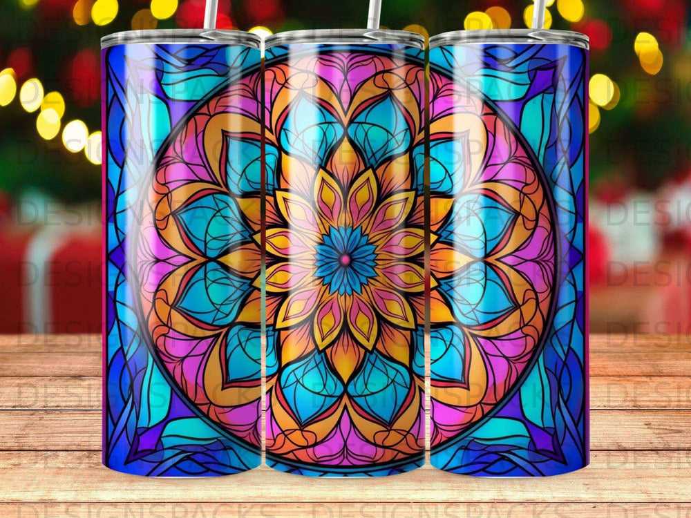 Circular stained glass mandala pattern with vibrant blue, orange, and pink hues.