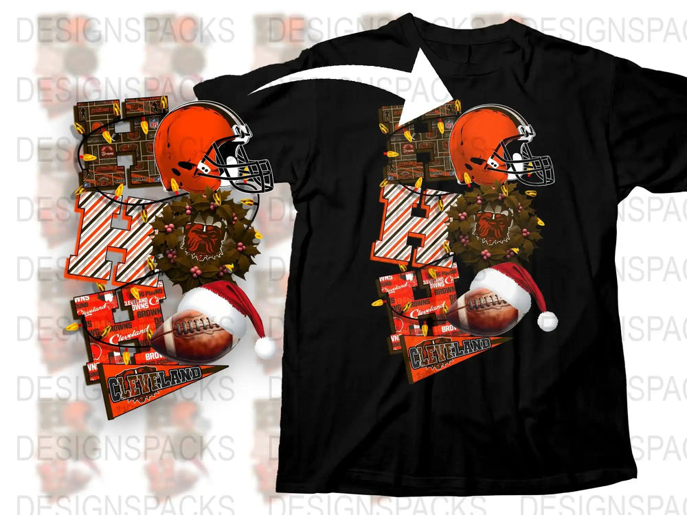 Cleveland Football Santa Hat Christmas T-Shirt, Festive Holiday Sports Fan Apparel, Unique Graphic Tee Design, Gift for Fans