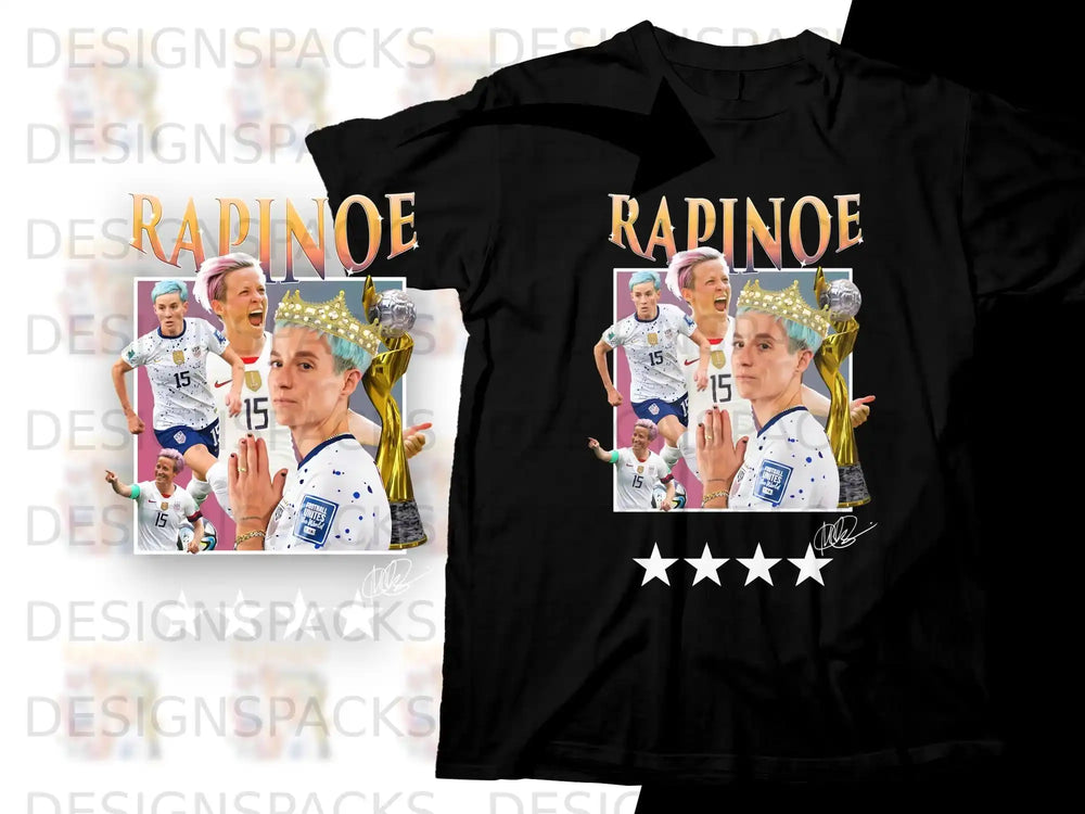 Megan Rapinoe with trophy and stars on black t-shirt.