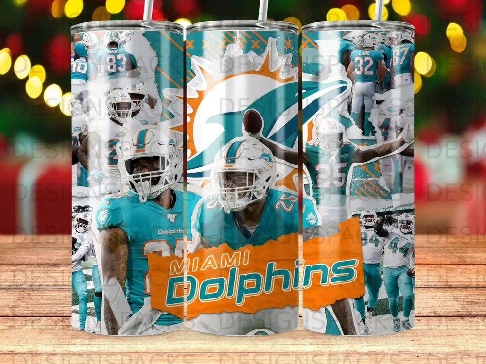 Miami Dolphins football players on a tumbler with team logo.