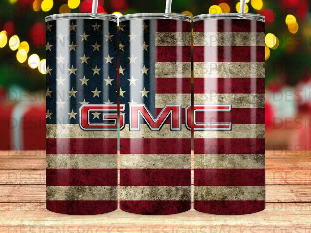 GMC logo on distressed American flag tumbler.