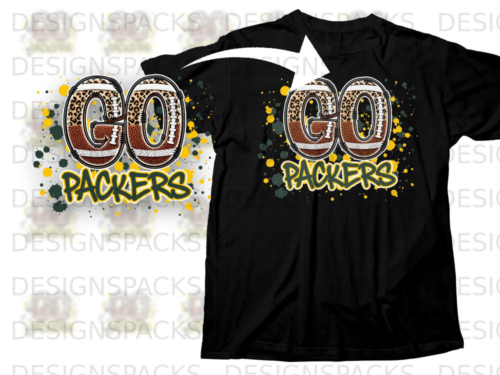 "GO PACKERS" text with footballs having leopard print on a black t-shirt.