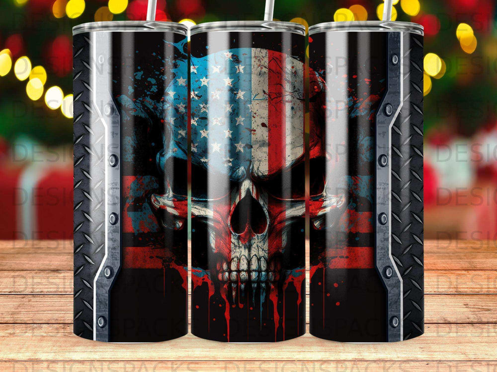 Skull with American flag overlay and distressed details, on a tumbler.