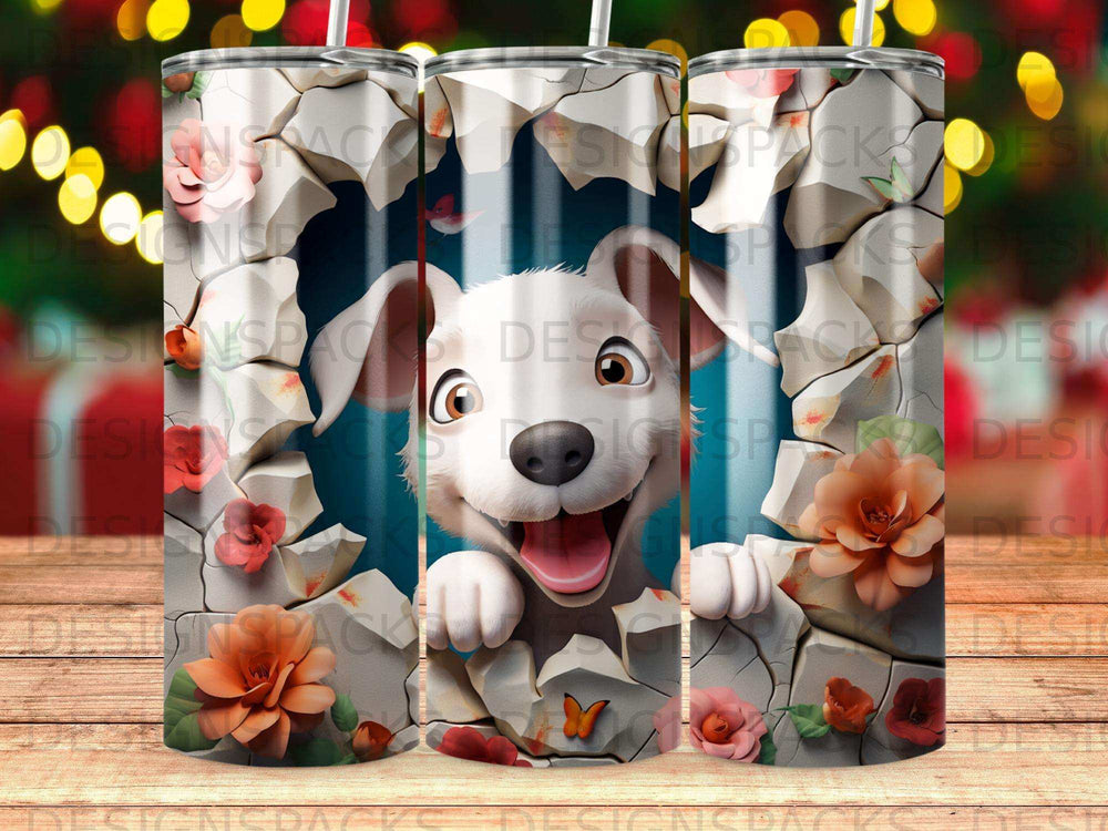 Happy cartoon dog peeking through a cracked wall with flowers.