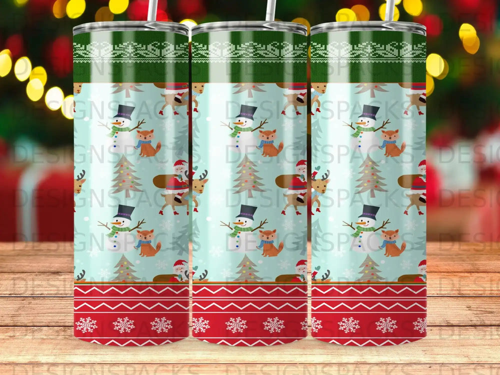 Festive Christmas pattern with snowmen, Santa, trees, and snowflakes.