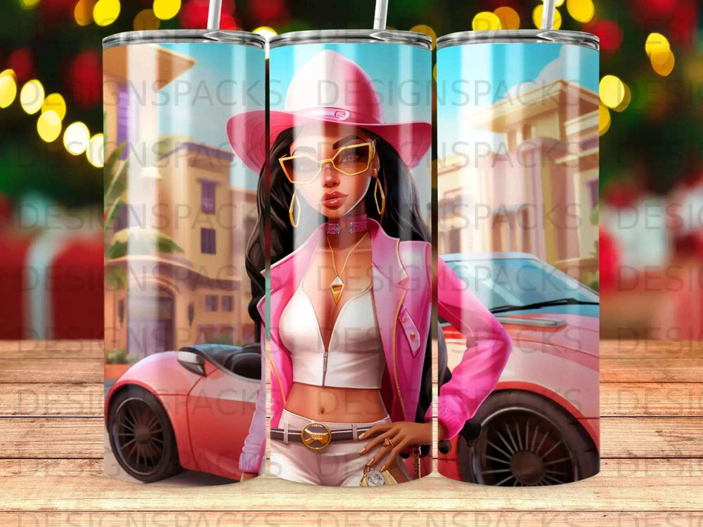 Woman in pink hat and outfit leaning against pink car.