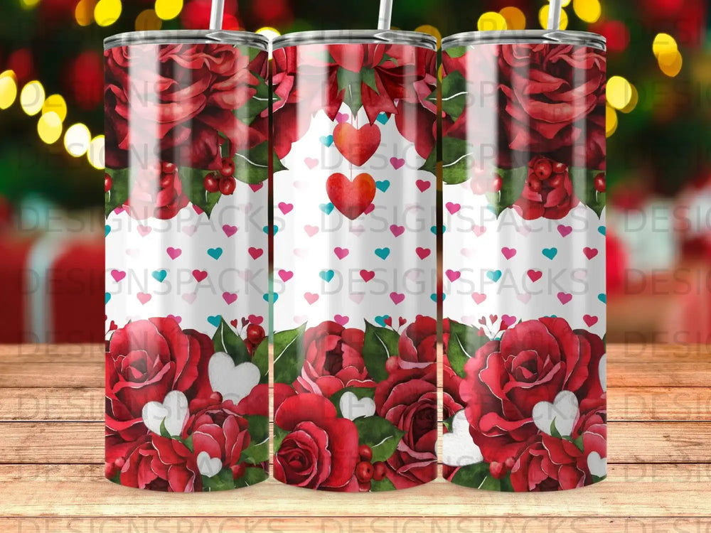 Red roses and hearts design on a tumbler with a dotted background.