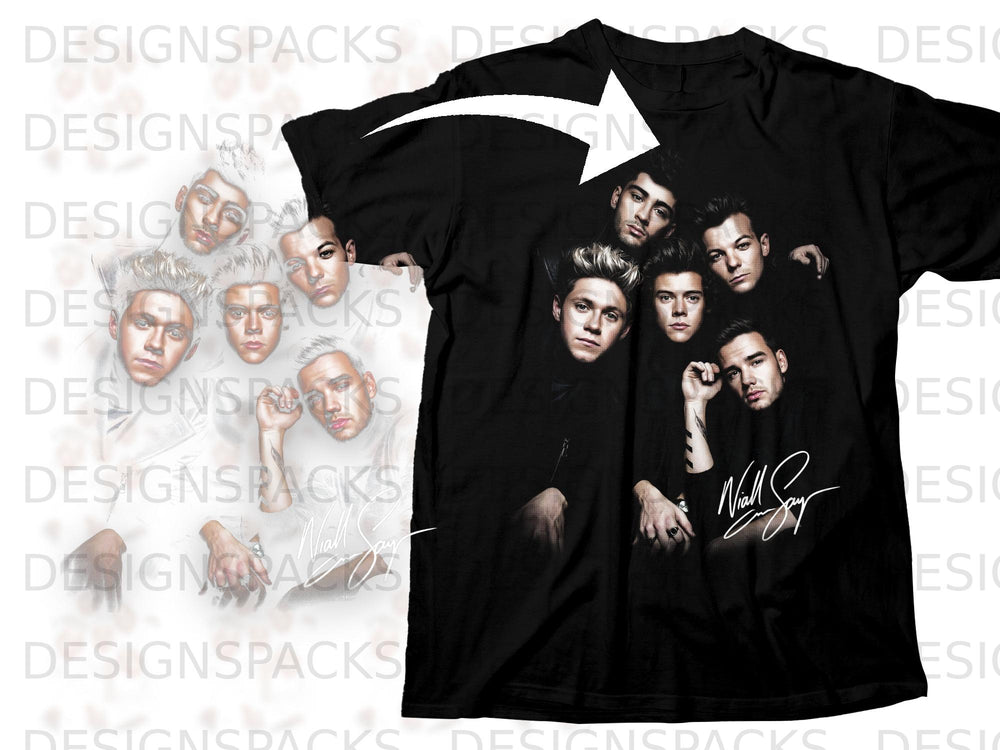 Black t-shirt with One Direction band members' portraits and signature.