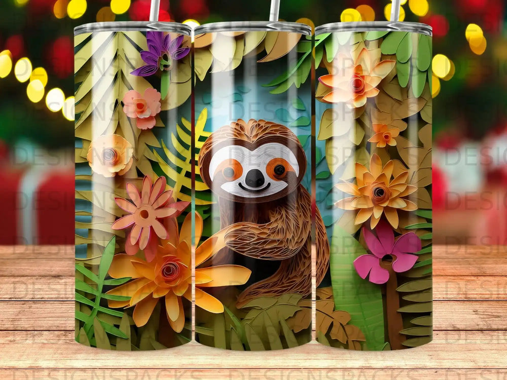 Sloth in jungle foliage with colorful paper flowers.