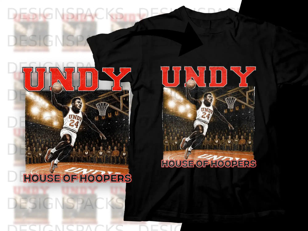 Black t-shirt with "UNDY 24 HOUSE OF HOOPERS" and basketball player graphic.