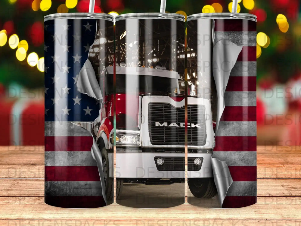 Mack truck wrapped in American flag design.