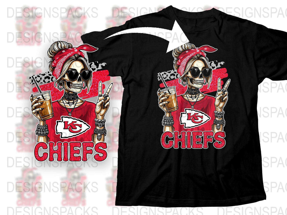 Cool Skull with Headphones Chiefs Fan T-Shirt, Red and White Graphic Tee, Unique Sports Apparel, Unisex Football Shirt Design