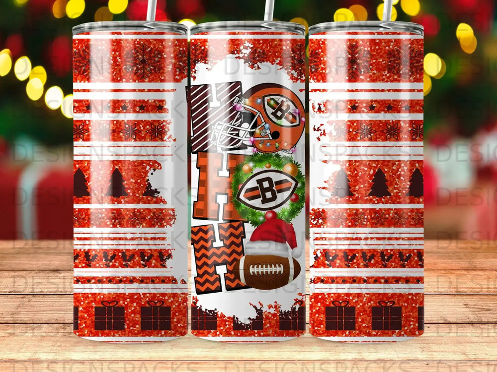 Christmas tumbler with "HO HO HO" and a football helmet.