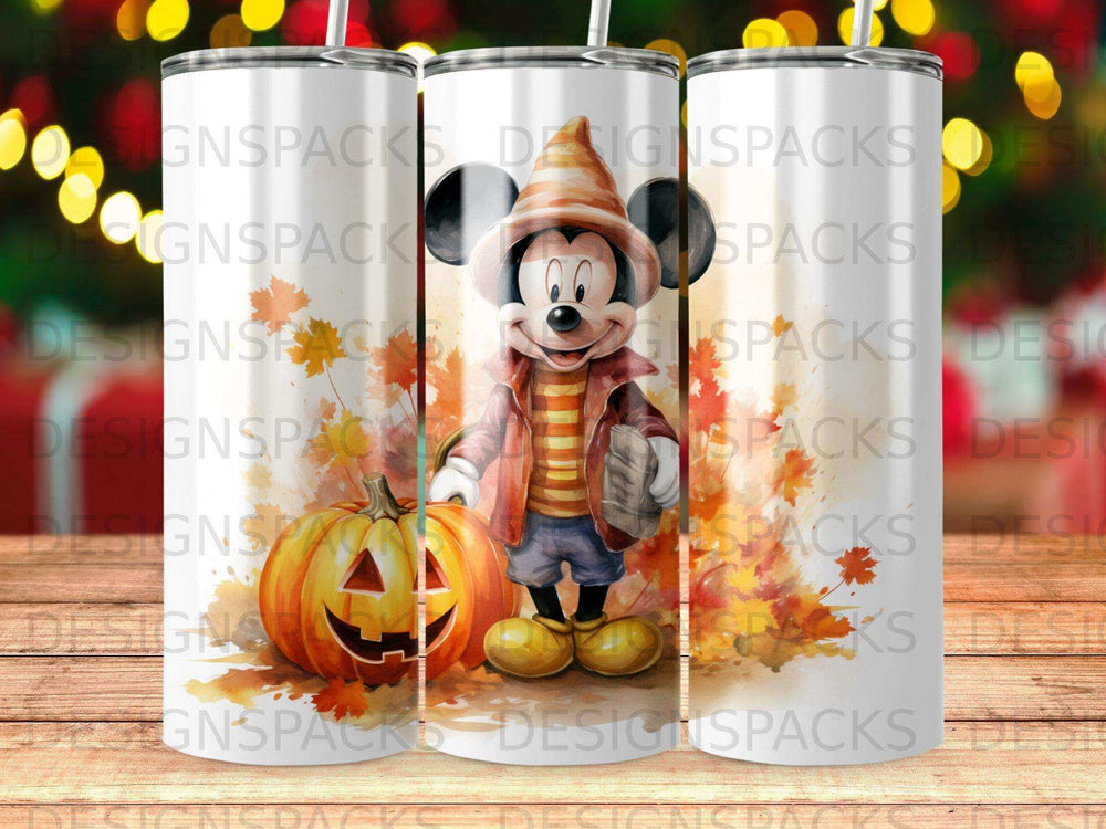 Mickey Mouse in a jacket holding a book next to a pumpkin.