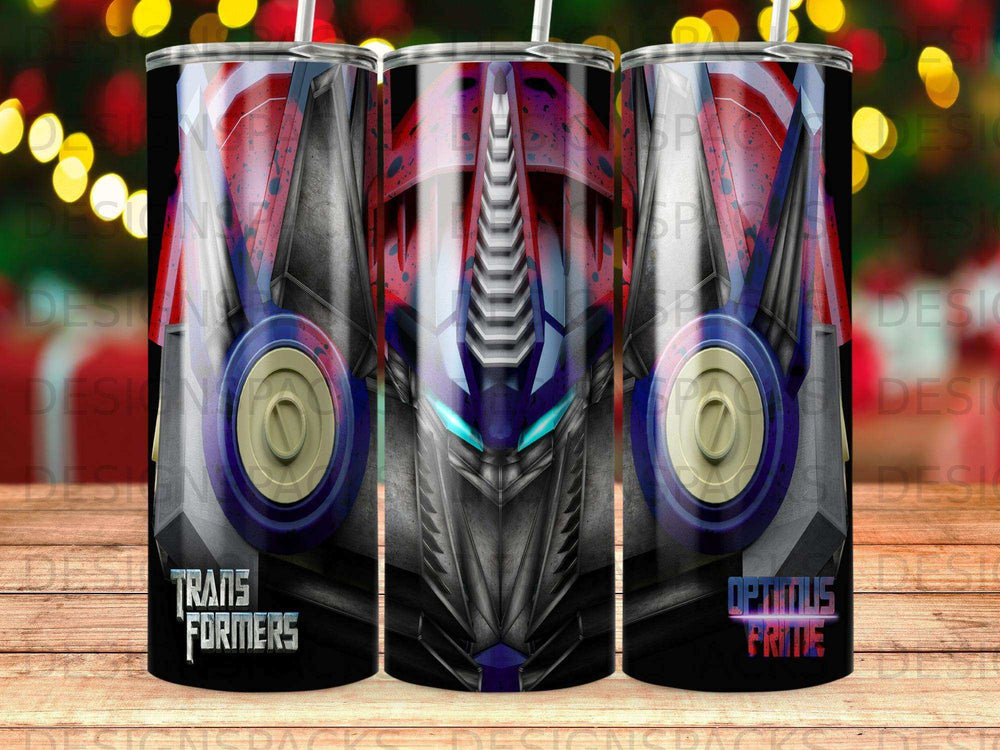 Optimus Prime Transformers tumbler with blue glowing eyes.