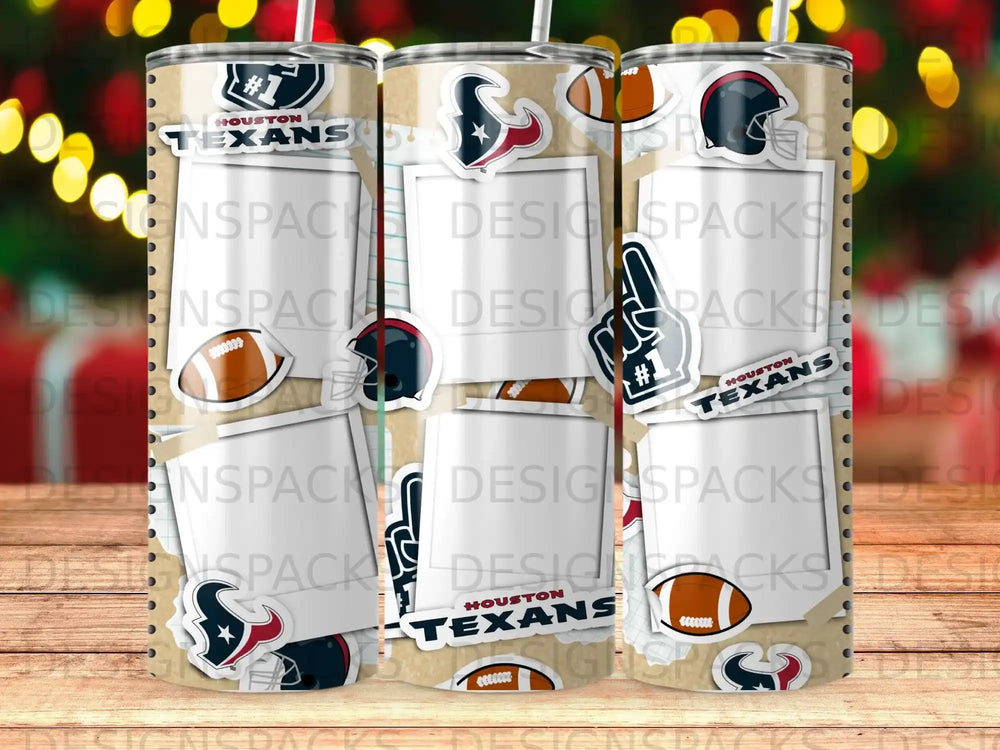 Houston Texans tumbler with team logo, footballs, and placeholder photos.