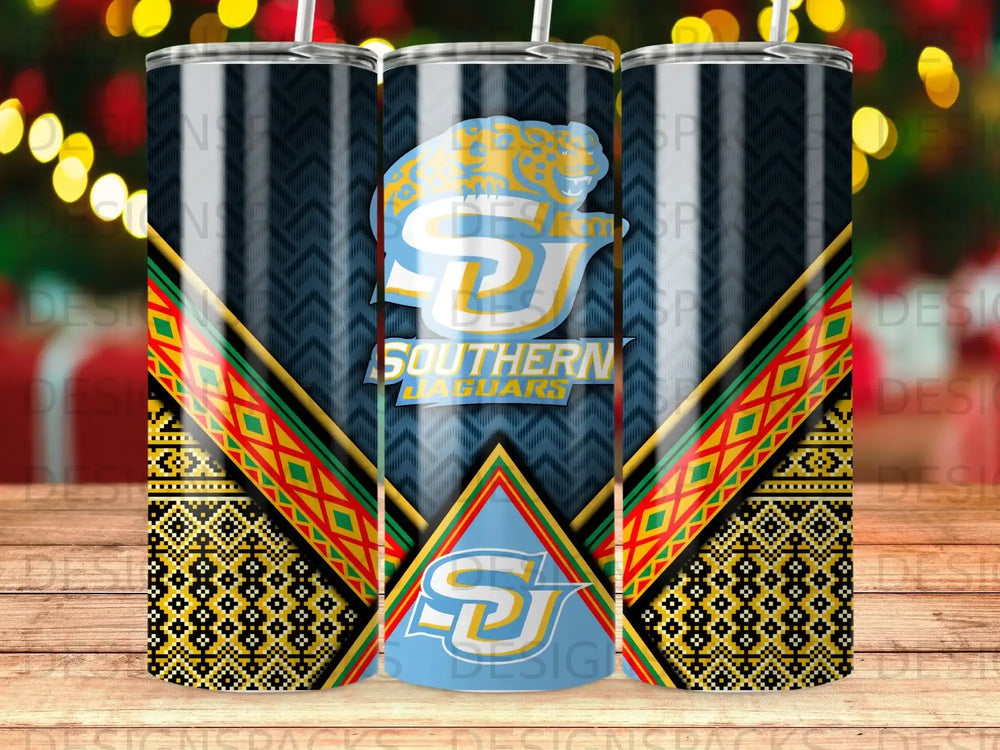 Two patterned tumblers with Southern Jaguars logo and text.