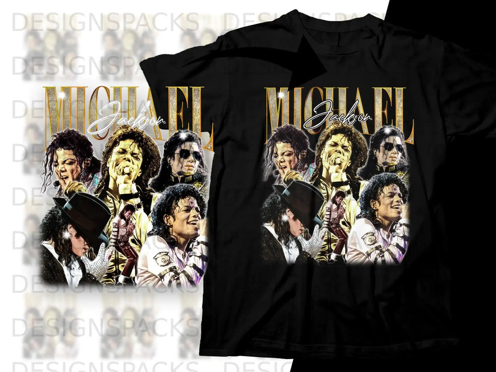 Michael Jackson collage shirt with text.