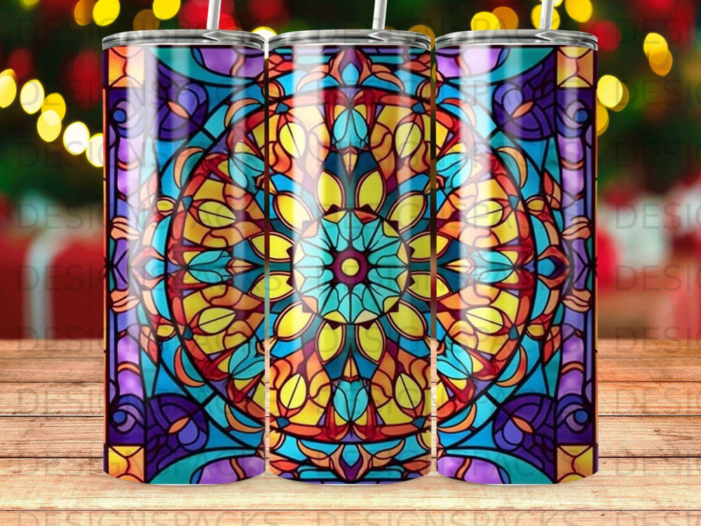 Stained glass tumbler with floral mandala pattern.